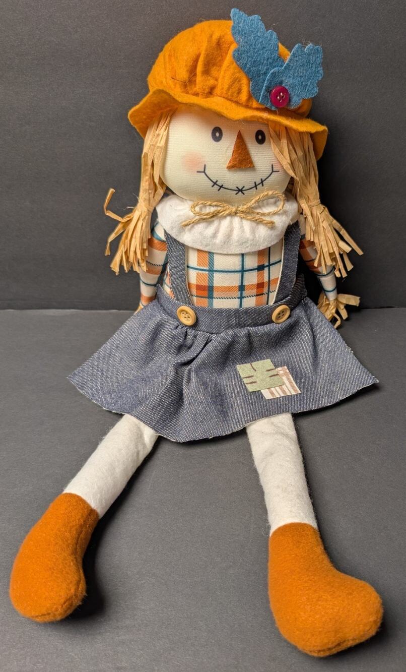 Scarecrow Girl Patchwork Sitting Doll 18" Fall Harvest Thanksgiving Halloween